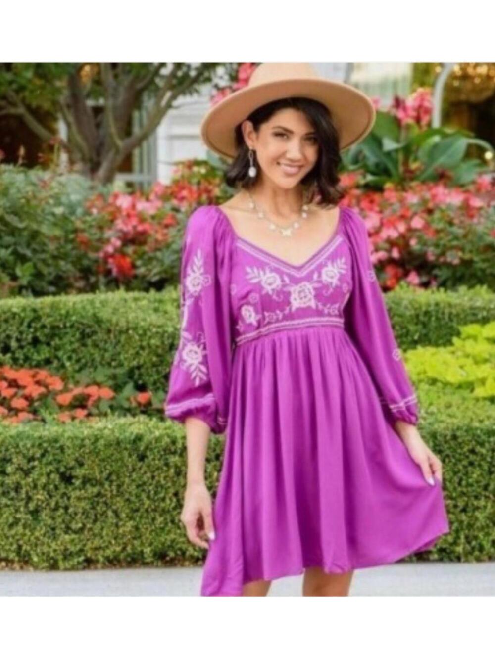 Savanna Jane Embroidered Floral Mini Dress, Purple, size Large